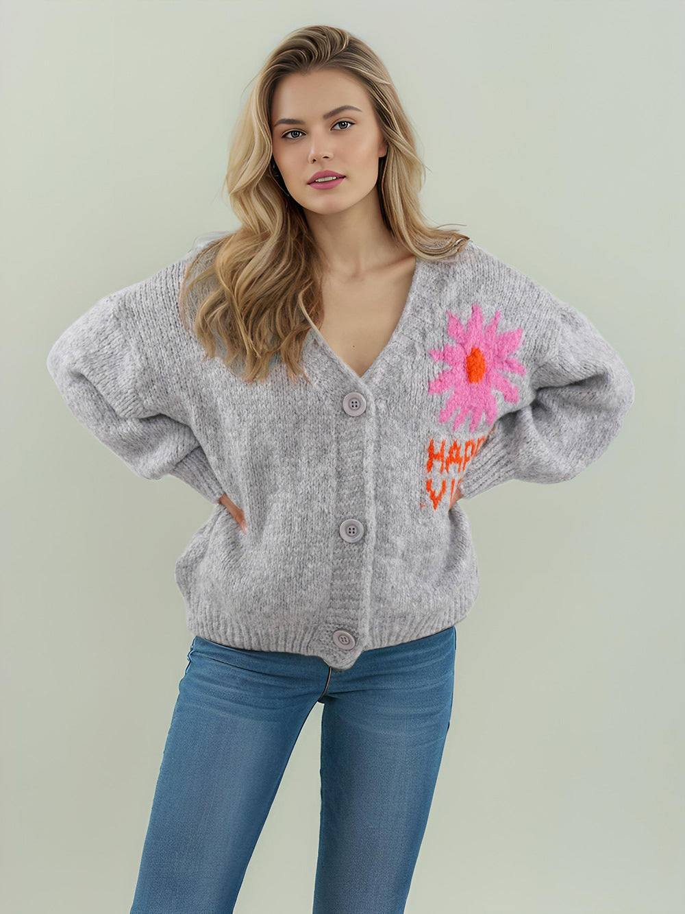 Damen gemütlicher Strickcardigan mit floralem Design und modernen Knopfdetails EB