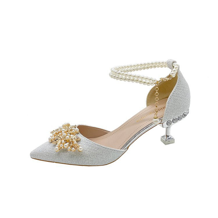 Damen elegante Pumps mit Perlenschmuck und glitzerndem Absatz EB