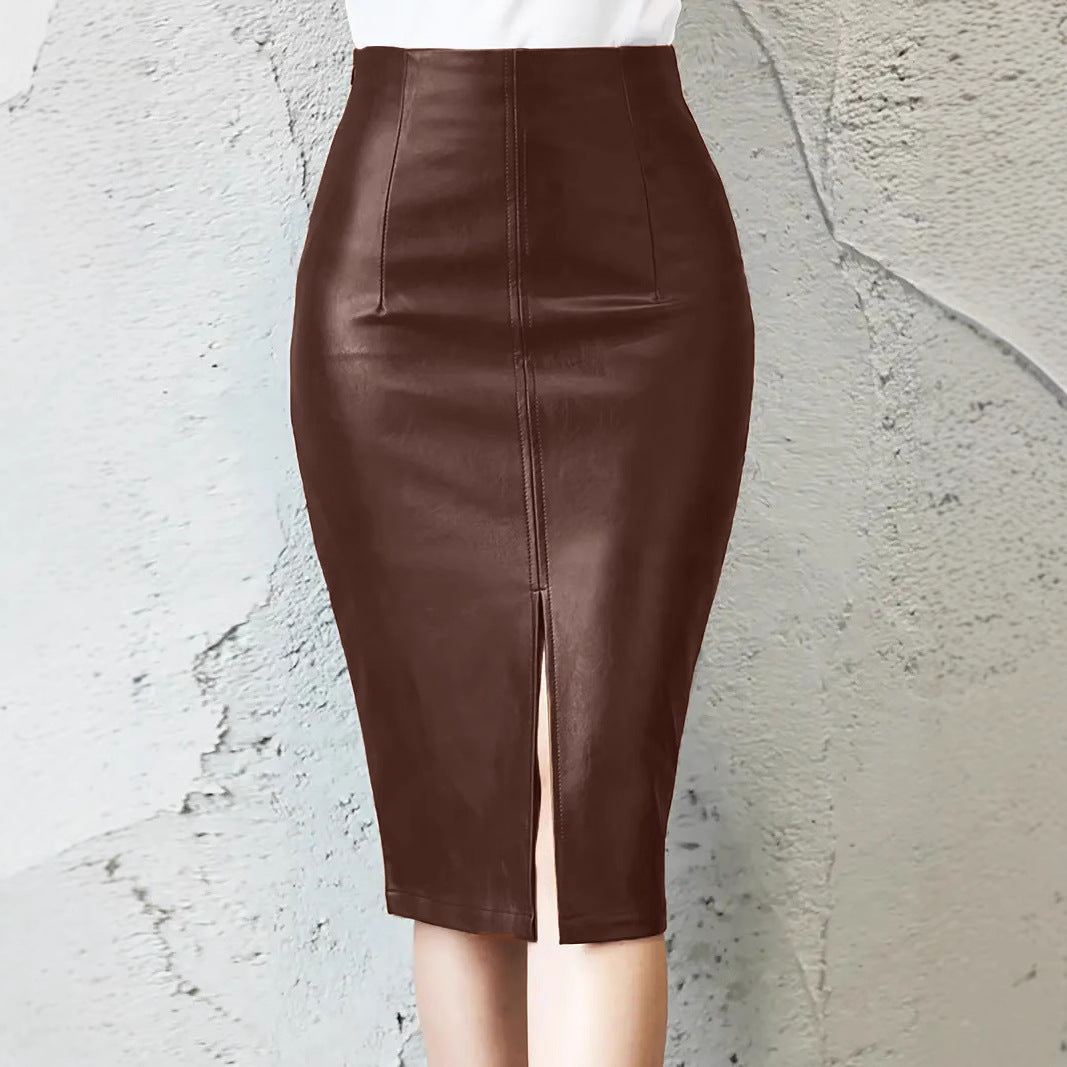 Damen Figurbetonter Kunstlederrock mit hoher Taille und Schlitz EB