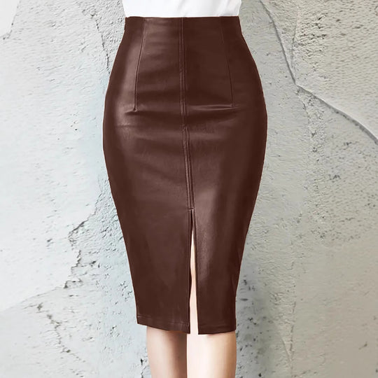 Damen Figurbetonter Kunstlederrock mit hoher Taille und Schlitz EB