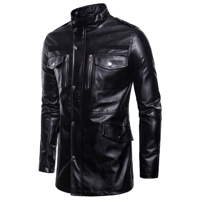 Herren modische Kunstlederjacke mit praktischen Taschen und asymmetrischem Reißverschluss EB