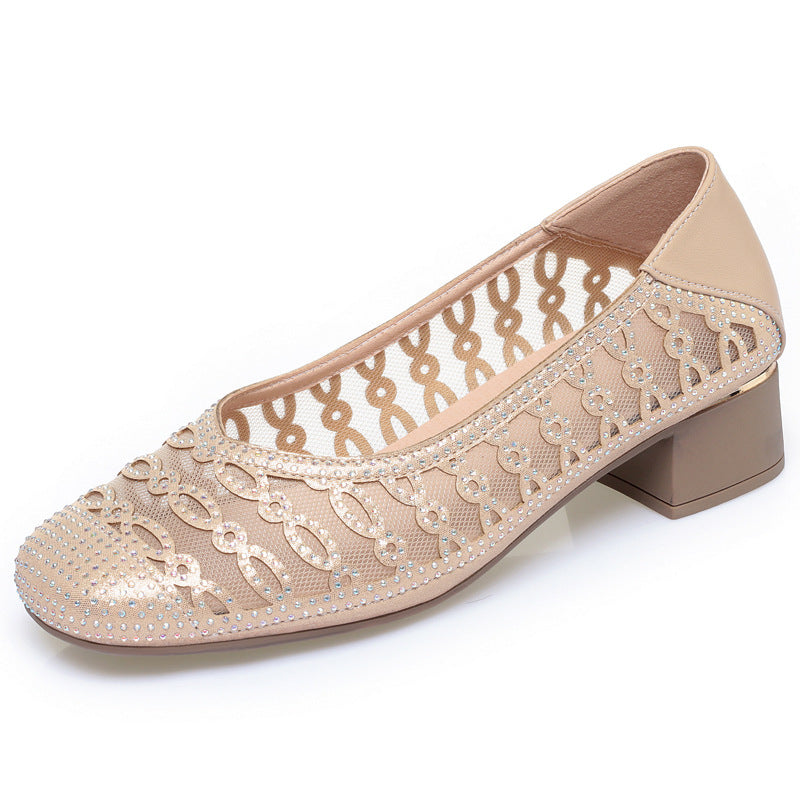 Damen Dekorative Ballerinas mit Strassverzierung und bequemen Blockabsatz EB