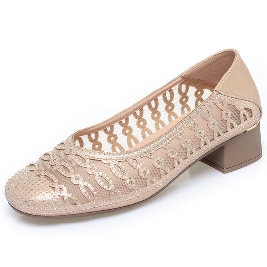 Damen Dekorative Ballerinas mit Strassverzierung und bequemen Blockabsatz EB