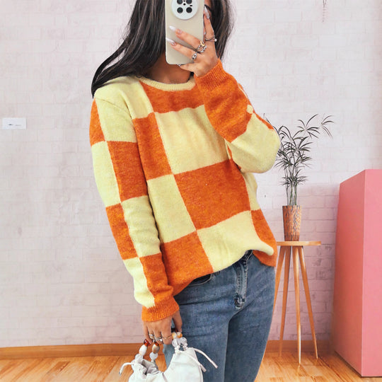 Damen Grobstrickpullover mit modernem Karomuster und lässigem Schnitt EB