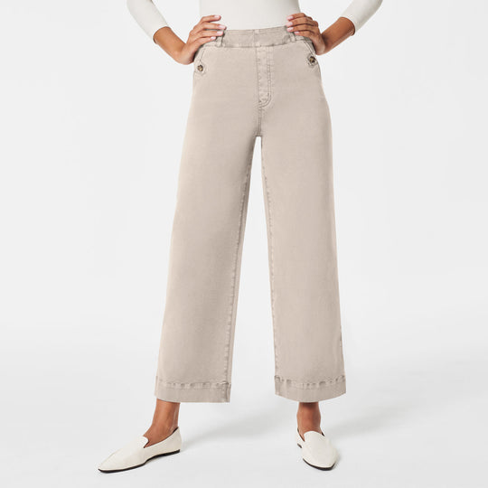 Damen Weite High-Waist Hose mit modischen Knopfdetails EB