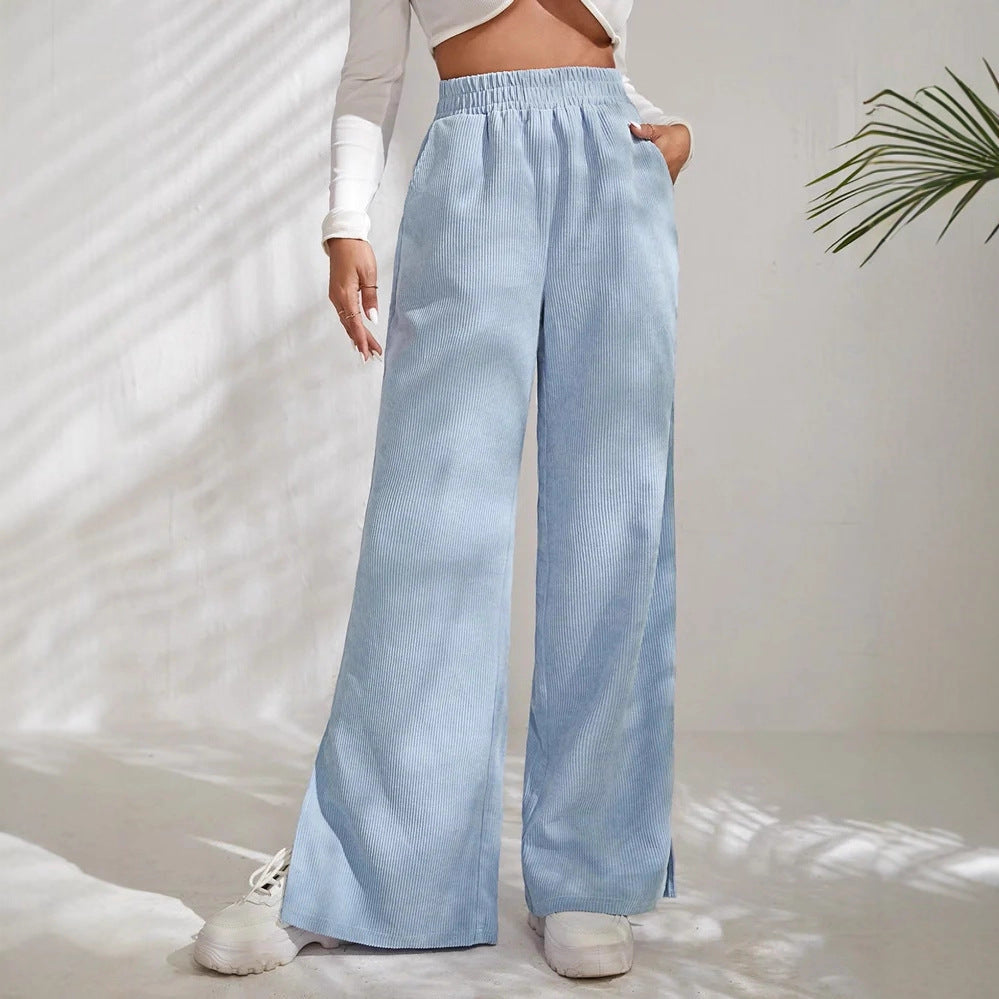 Damen Weite Cord-Hose mit elastischem Bund und seitlichen Schlitzen EB