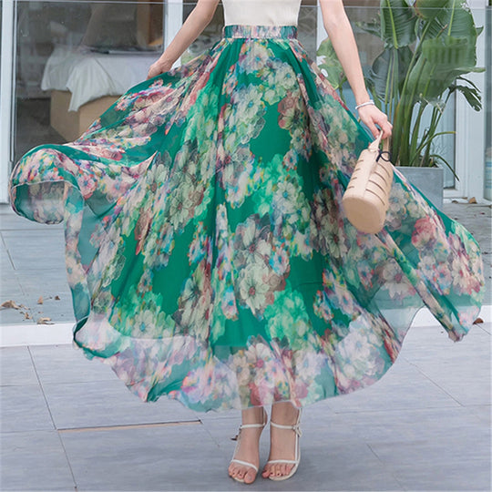 Damen nan lange plissierte Maxirock mit floralem Sommerprint und elastischem Bund EB