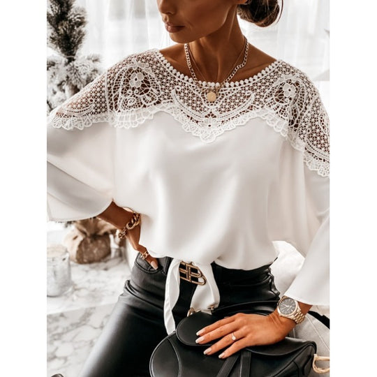 Damen nan elegante Spitzenbluse mit Bindeschleife und überschnittenen Ärmeln EB