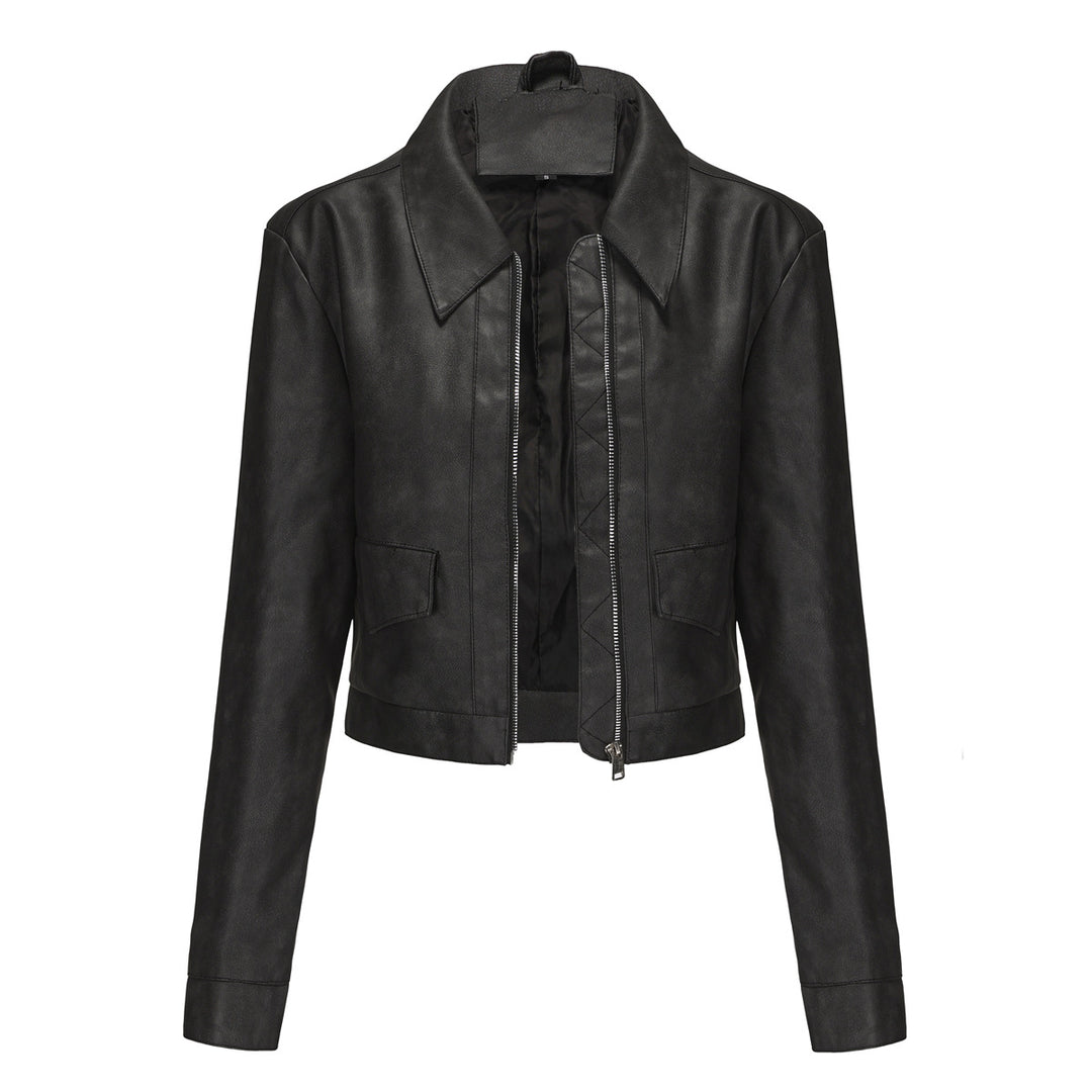 Damen modische cropped Kunstlederjacke mit klassischem Wellenkragen EB
