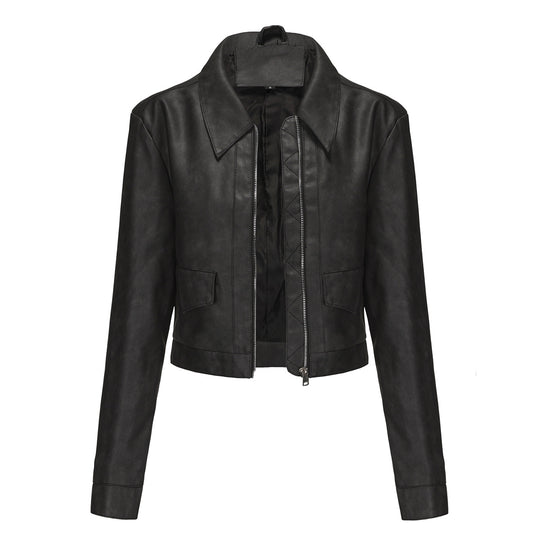 Damen modische cropped Kunstlederjacke mit klassischem Wellenkragen EB