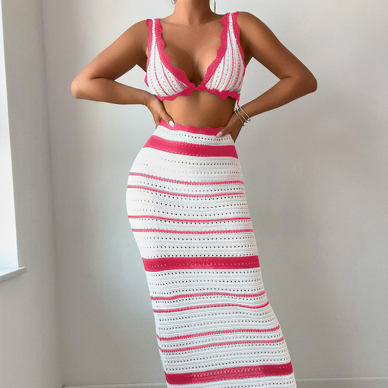 Damen Häkel-Crop-Top und Maxirock Set EB