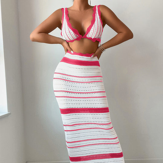 Damen Häkel-Crop-Top und Maxirock Set EB