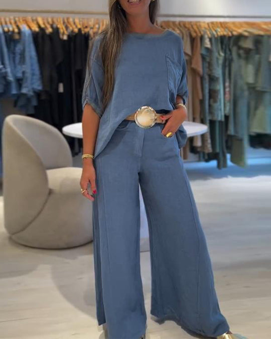 Damen nan Leinenmix-Zweiteiler mit kastigem Oversize-Shirt, Brusttasche und weiter Palazzohose EB