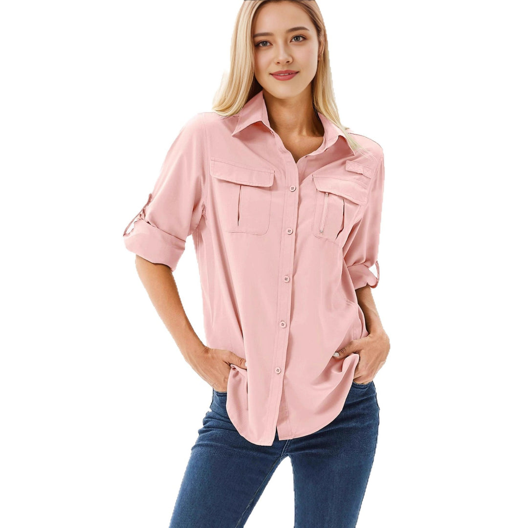 Damen lässige Bluse mit praktischen Taschen und umschlagbaren Ärmeln EB