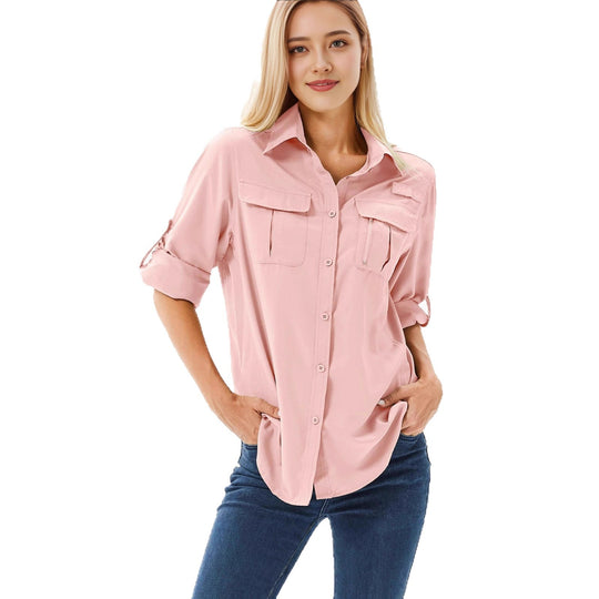 Damen lässige Bluse mit praktischen Taschen und umschlagbaren Ärmeln EB