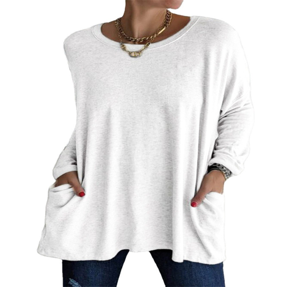 Damen nan oversized Longsleeve-Tunika mit Rundhalsausschnitt, überschnittener Schulter und aufgesetzten Taschen EB