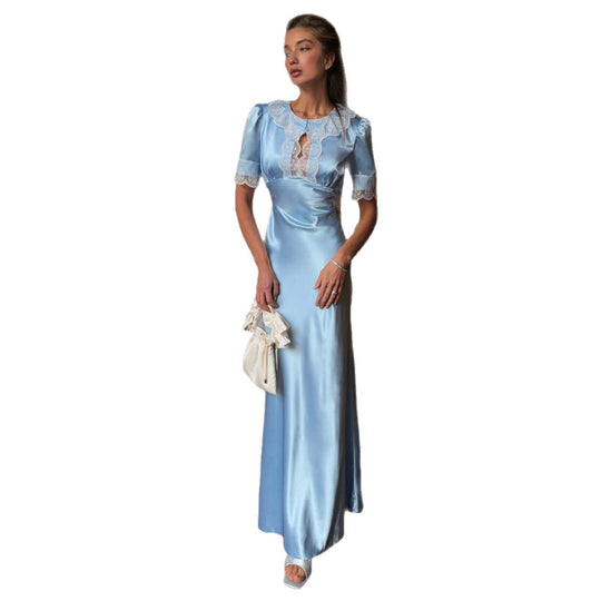 Damen Maxikleid mit eleganten Spitzenakzenten und V-Ausschnitt EB