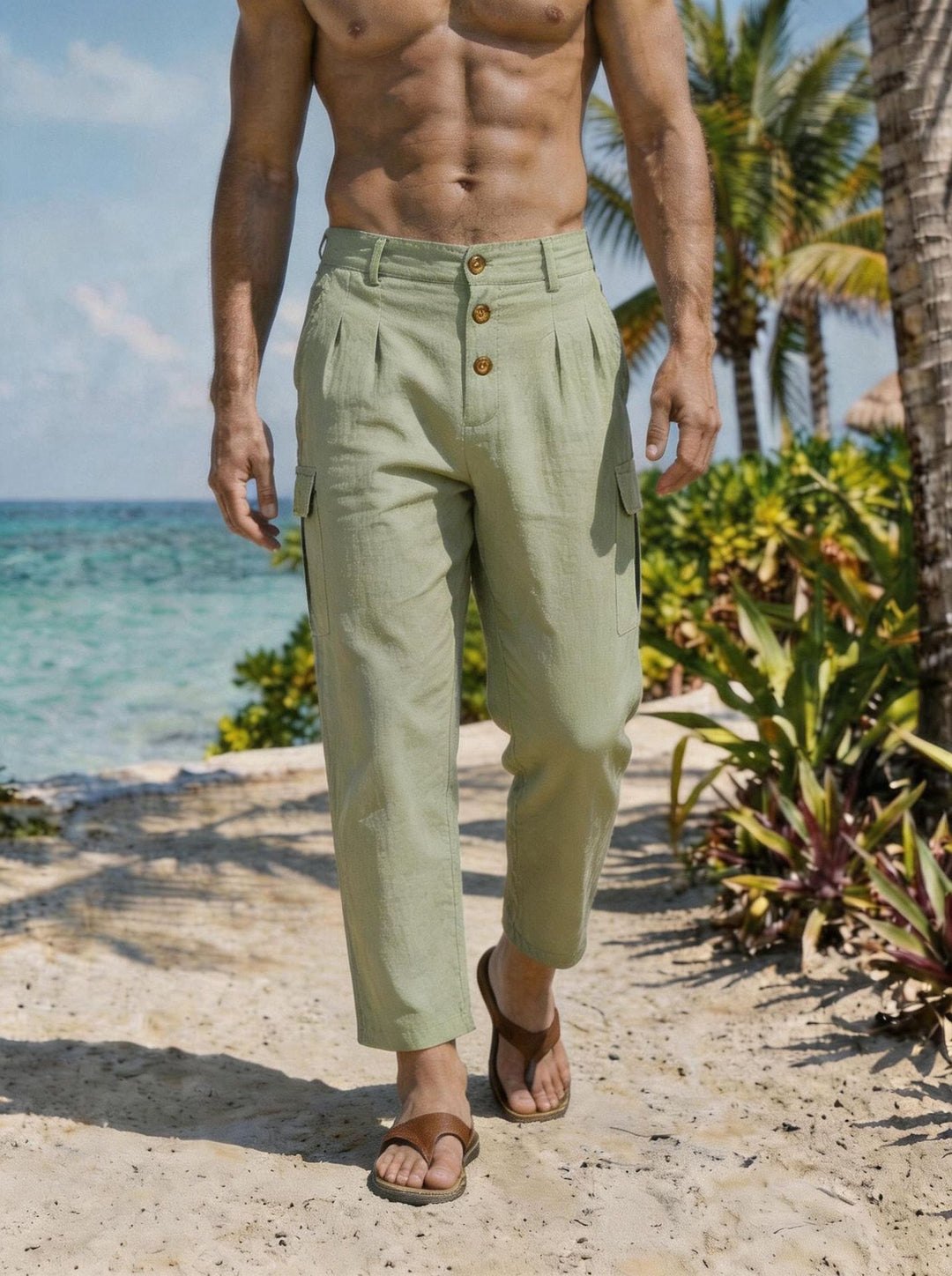Herren nan Bundfalten-Cargohose mit Knopfverschluss, aufgesetzten Cargotaschen und gekürztem Bein EB