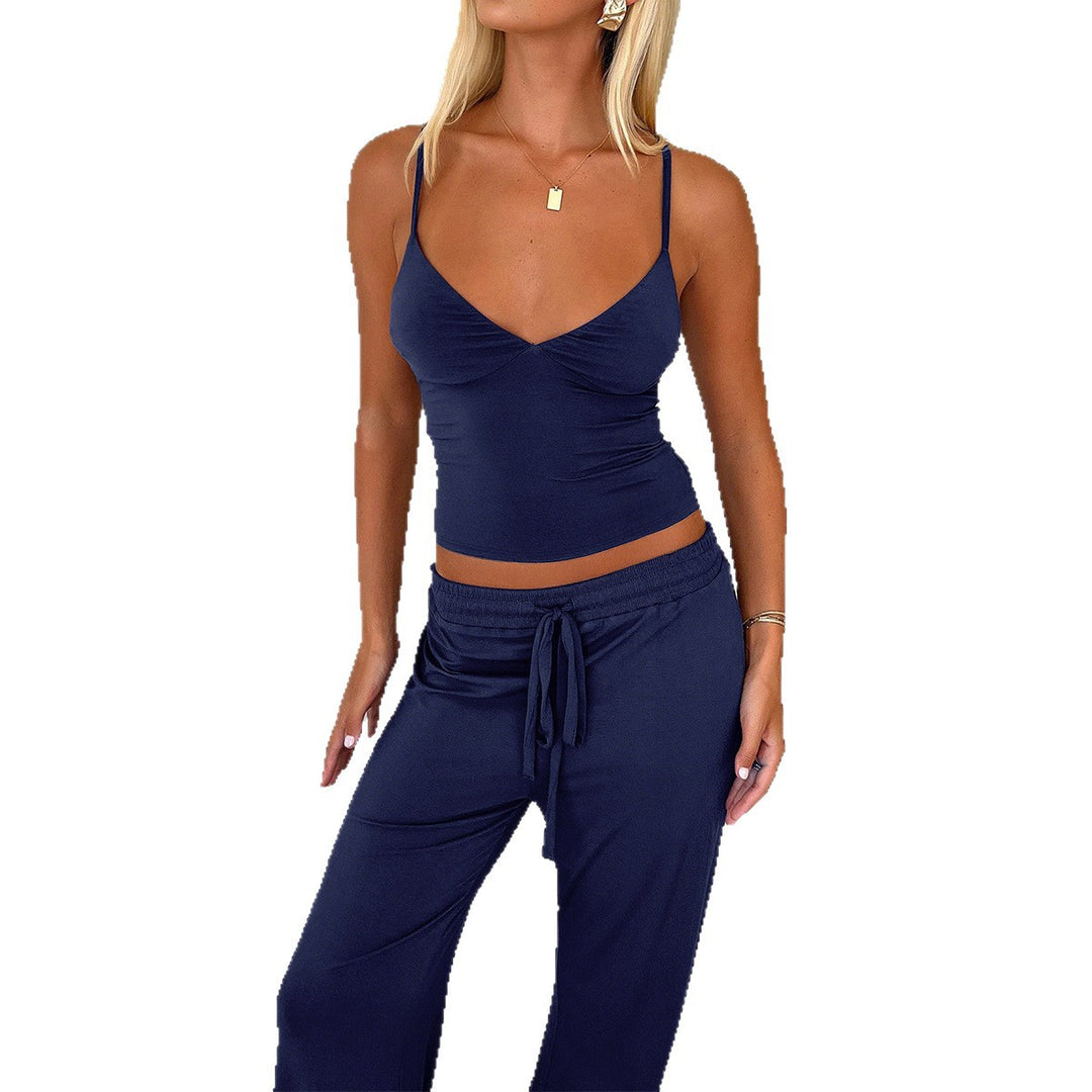 Damen Lässiges Zweiteiliges Set mit Spaghettiträgershirt und weitem Hosen EB