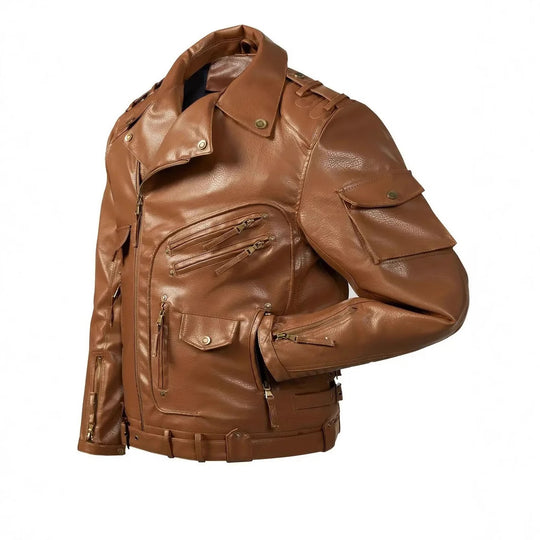 Herren Stylische Bikerjacke mit Mehreren Reißverschlusstaschen und Gürteldetail EB