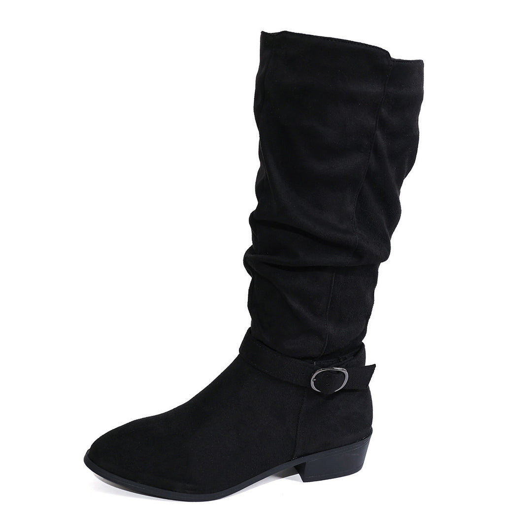 Damen kniehoher Slouch-Stiefel aus weichem Microvelours mit Ziergurt und niedrigem Blockabsatz EB