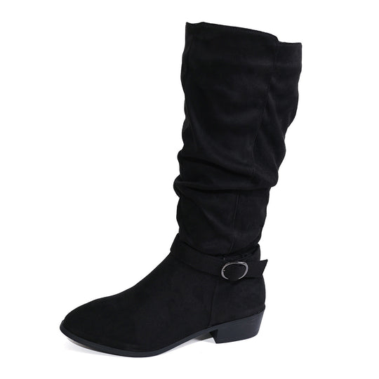 Damen kniehoher Slouch-Stiefel aus weichem Microvelours mit Ziergurt und niedrigem Blockabsatz EB