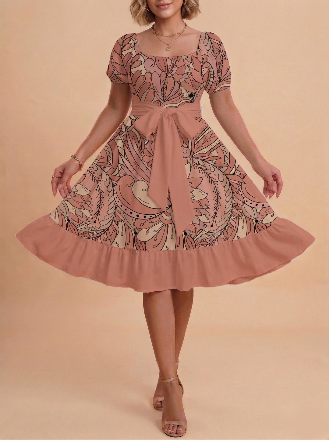 Damen elegantes Maxikleid mit floralem Design und Taillengürtel EB