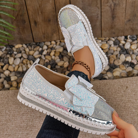 Damen Glitzernde Slip-On Sneakers mit funkelndem Schleifendesign und rutschfester Sohle EB