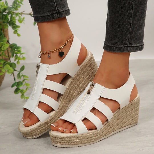 Damen Plateau-Riemchen-Sandalen mit Reißverschluss und geflochtener Sohle EB