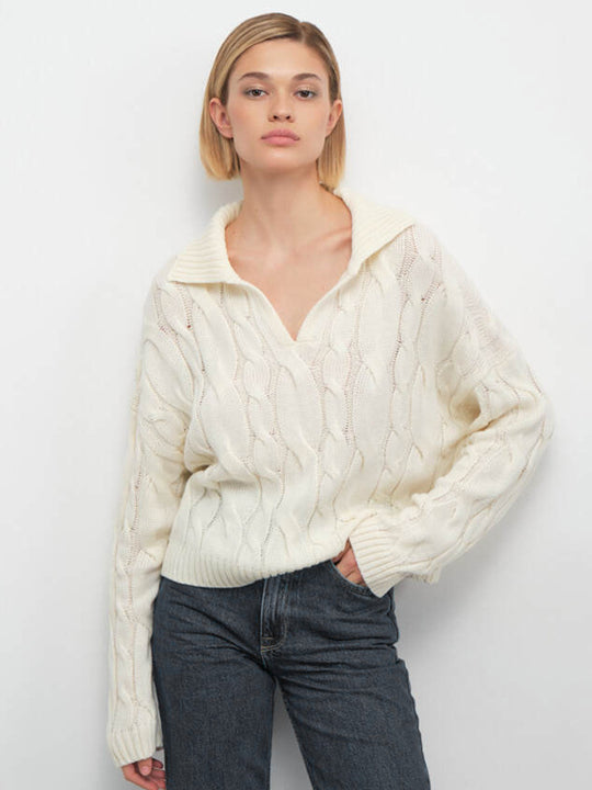 Damen Hoher Kragen Strickpullover mit Zopfmuster EB