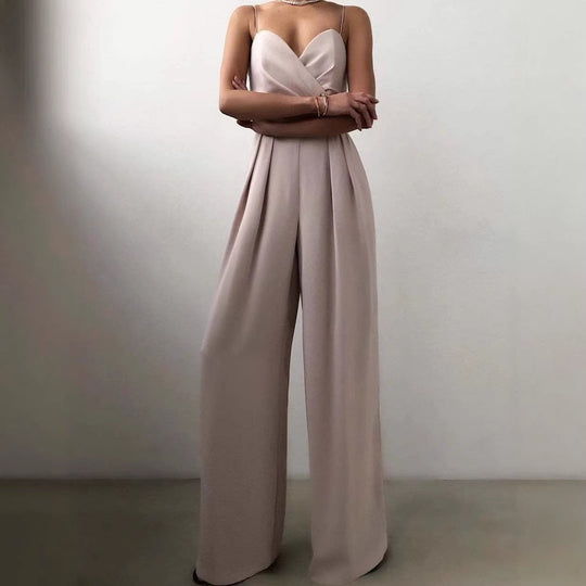 Damen eleganter Jumpsuit mit tiefem V-Ausschnitt und weiten Beinen EB