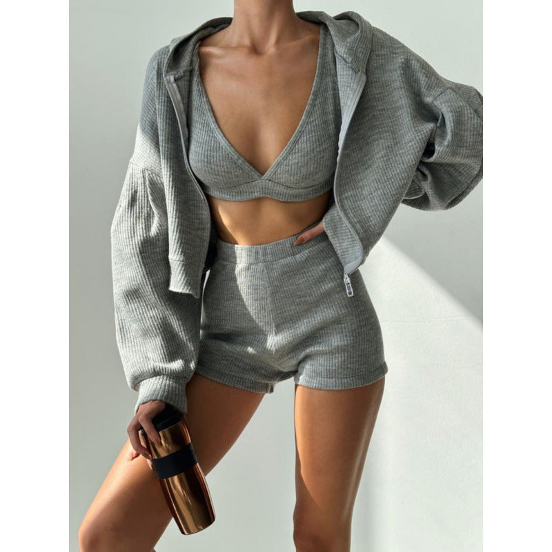 Damen nan kurzes geripptes Lounge-Set mit Kapuzen-Zipjacke und Highwaist-Shorts EB