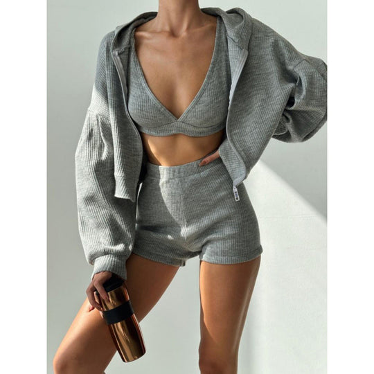 Damen nan kurzes geripptes Lounge-Set mit Kapuzen-Zipjacke und Highwaist-Shorts EB
