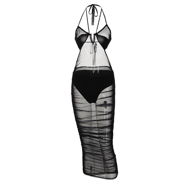 Damen Transparente Bodycon Maxikleid mit tiefem Ausschnitt und verspielten Trägern EB