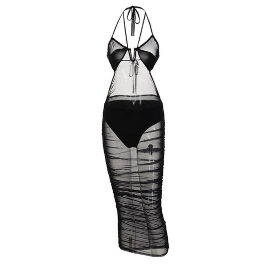 Damen Transparente Bodycon Maxikleid mit tiefem Ausschnitt und verspielten Trägern EB