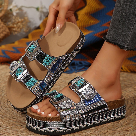 Damen modische Plateau-Sandalen mit glitzernden Details und verstellbaren Riemen EB