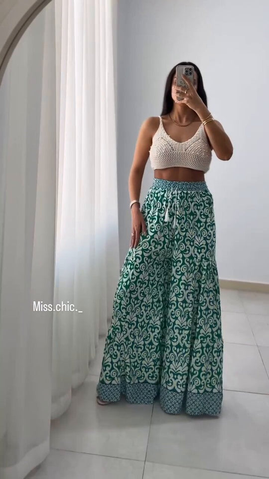 Damen weite Baumwollhose mit eingezogenem Gummibund und modernen Mustern EB