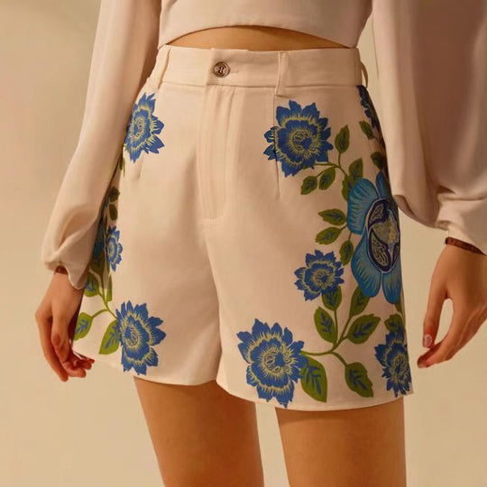 Damen Shorts mit floralem Design und hoher Taille EB
