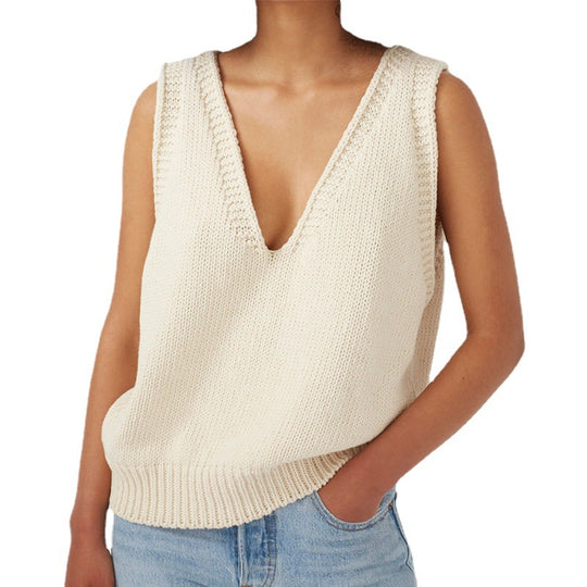 Damen stylischer Stricktop mit tiefem V-Ausschnitt und breiten Trägern EB