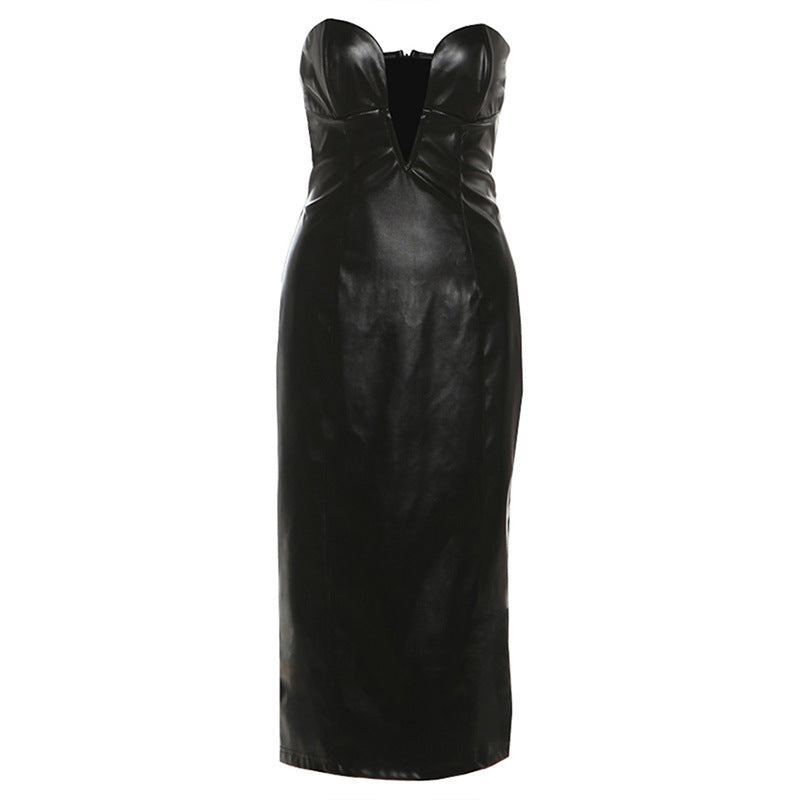 Damen figurbetontes Lederkleid mit herzförmigem Ausschnitt und eleganten Raffungselementen EB