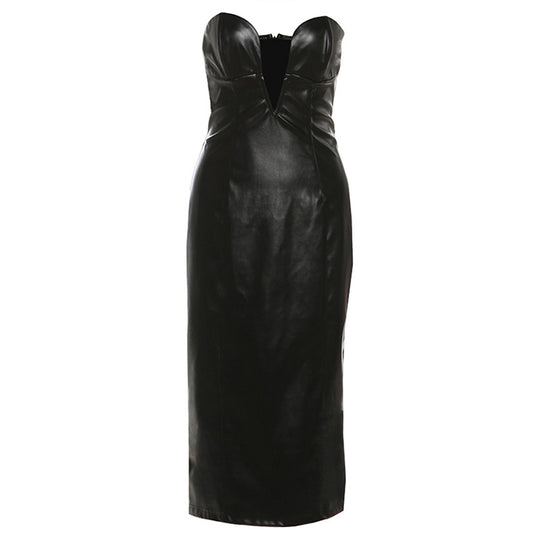 Damen figurbetontes Lederkleid mit herzförmigem Ausschnitt und eleganten Raffungselementen EB