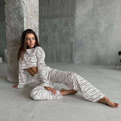 Damen lässiges Crop-Top und Jogginghose Set mit tierischem Muster EB