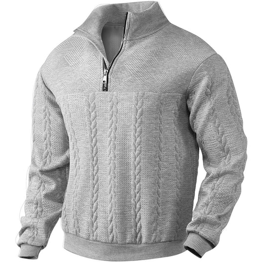 Herren nan texturierter Strickpullover mit Halbzip, geflochtenem Zopfmuster und hohem Stehkragen EB