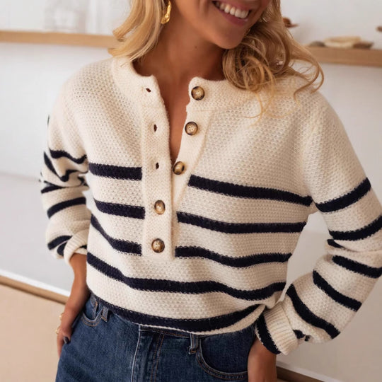 Damen hochwertiger gestreifter Strickpullover mit Knopfdetail und lässigem Schnitt EB
