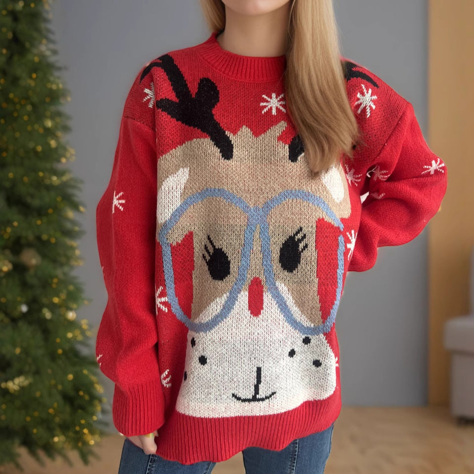 Damen festlicher Pullover mit weihnachtlichem Rentier-Motiv und lockerer Passform EB