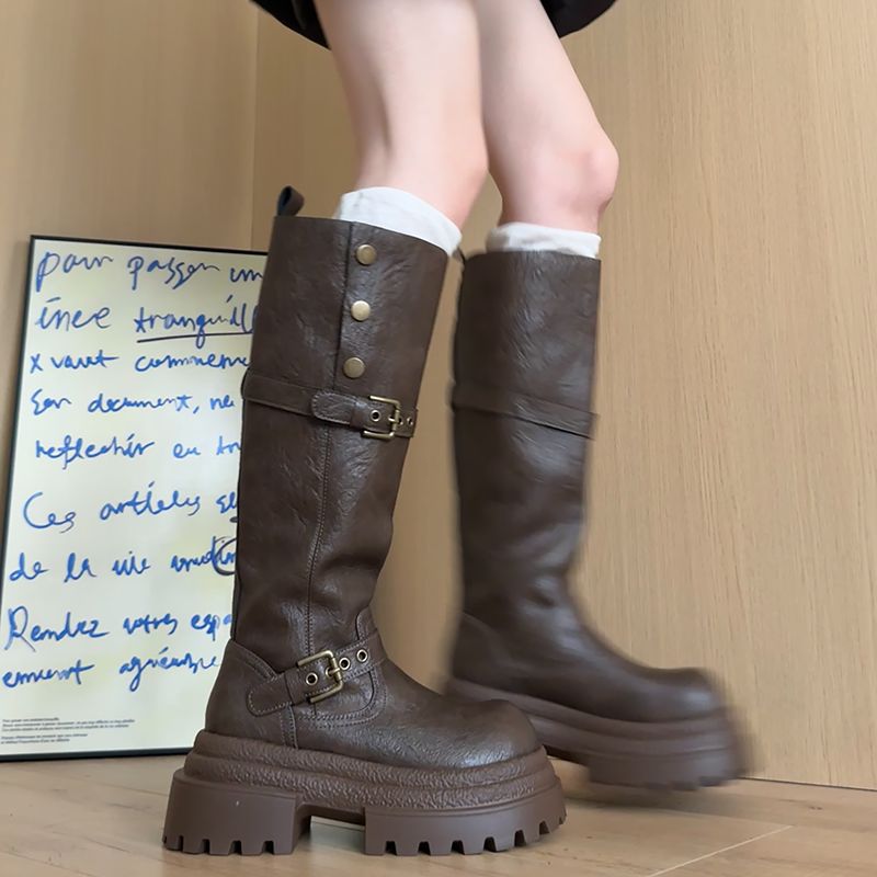 Damen hohe Stiefel mit modischem Schnallendesign und robustem Sohlenprofil EB