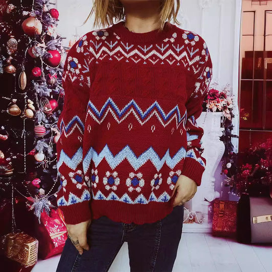 Damen festlicher Strickpullover mit nordischem Muster EB