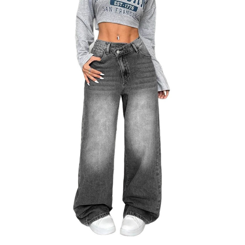 Damen Weite Jeans mit tiefem Schritt und angesagtem Used-Look EB