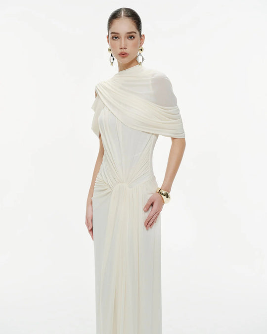 Damen elegantes Maxikleid mit innovativen Drapierungsdetails und asymmetrischem Oberteil EB