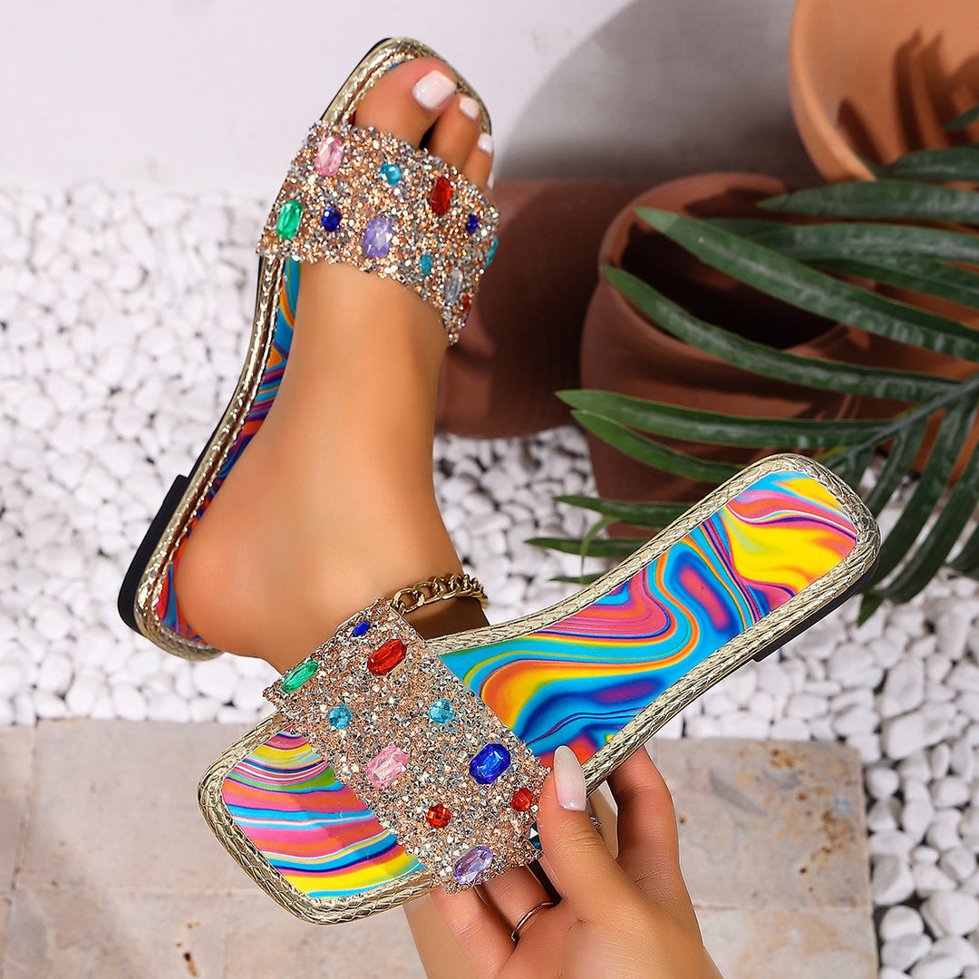 Damen Glitzernde Slip-On Sandalen mit bunten Kristallen EB